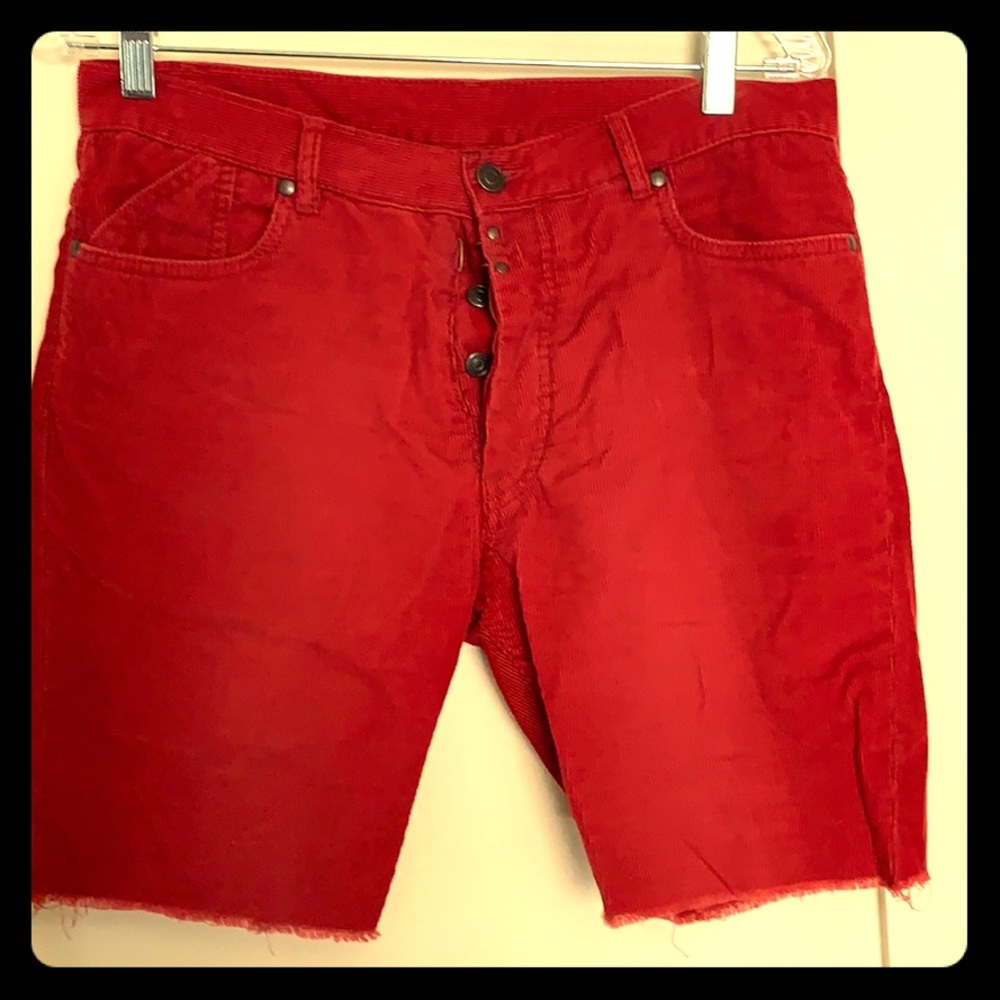 Red corduroy cutoff shorts
